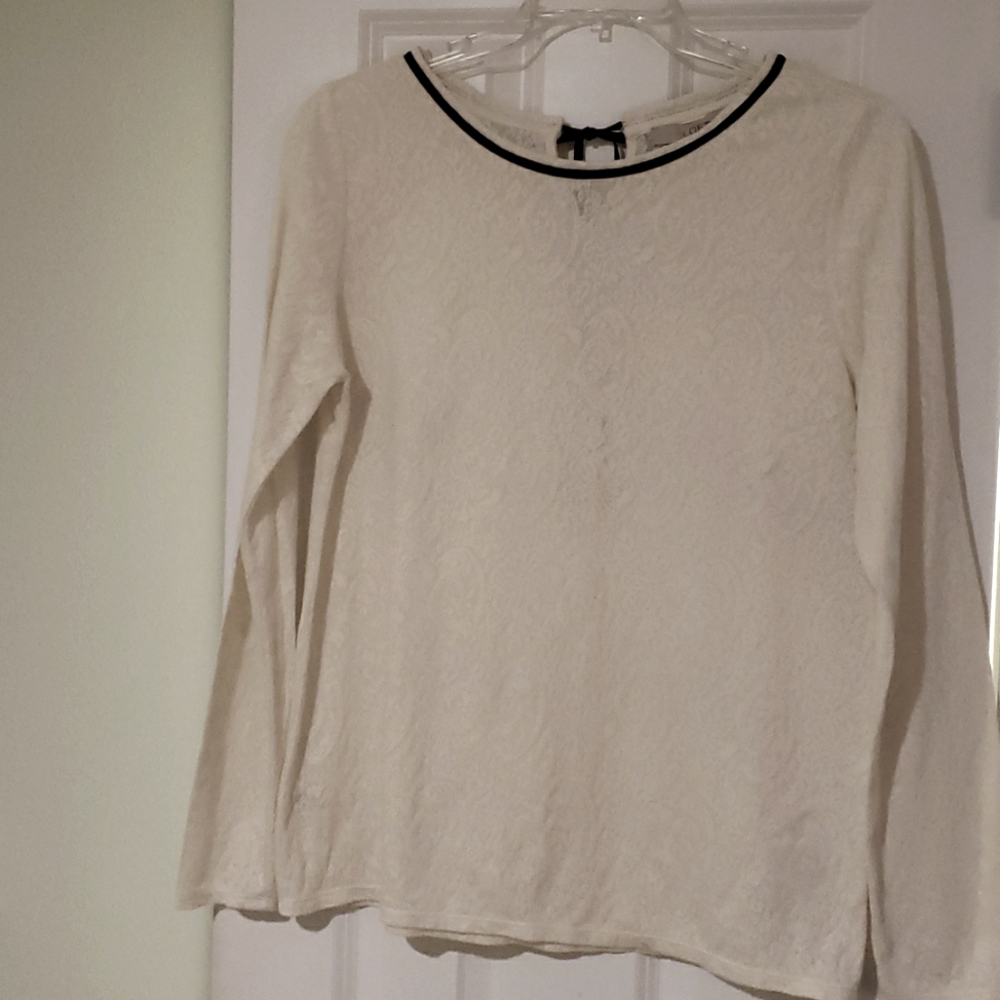 LOFT, size L,  off-white long sleeve blouse. Black velvet tie on neck in back